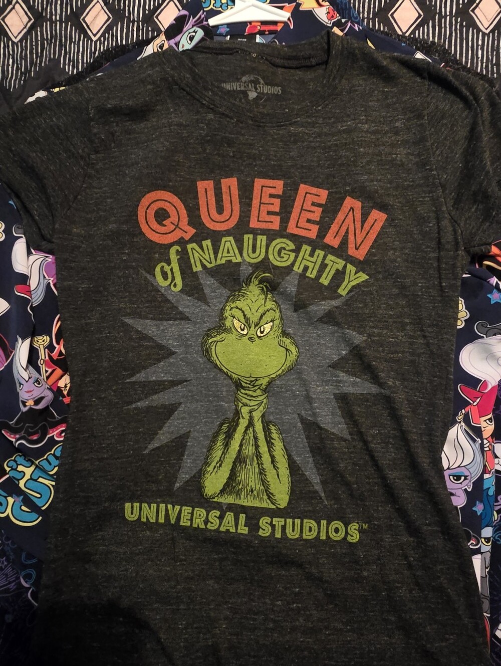 Queen of Naughty Grinch Tee - Charcoal with Green & Red Print
